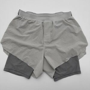 Lululemon Men's White and Grey Perforated 2-in-1 Running Training Shorts Size S